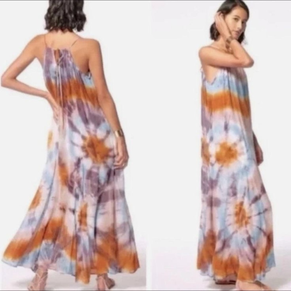 YOUNG FABULOUS & BROKE ELIE TRAPEZE TIE DYE MAXI DRESS PINK VENUS
